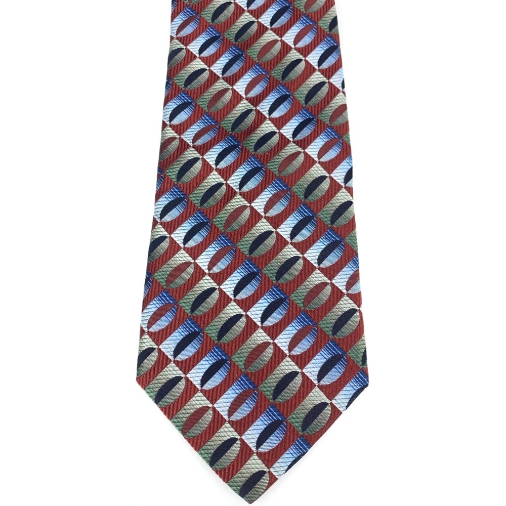 Jhane Barnes Men's Tie 100% Silk Auburn Red w/ Green Blue Geometric Necktie 60" - Picture 5 of 11
